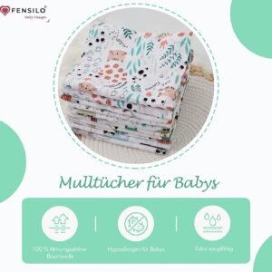 Baby MulltÃ¼cher; Mullwindeln; SpucktÃ¼cher; fensilo; mulltÃ¼cher baby; mulltÃ¼cher baby mÃ¤dchen; spucktÃ¼cher baby; spucktÃ¼cher baby mÃ¤dchen; spucktuch junge; Fensilo baby; Fensilo baby blanket; blanket; baby blanket; newborn; object; knitted; top view; Fensilo.com; white blanket; white; background; beautiful; indoors; sheet; cover; fabric; wash; cushion; bed; polyester; satin; protection; swaddle blanket; comfortable; cotton; hypoallergenic; cute; design; washable; warm; comfy; care; soft; bedroom; set; size; crib; baby crib; outdoor; playground; vacation; park; sleep; colorful; breathable; layers; 2 layers; premium; materials; premium materials; high-quality; quality; unisex; 10 set blankets; jungle animals; forest animals; crocodile; whale; cat