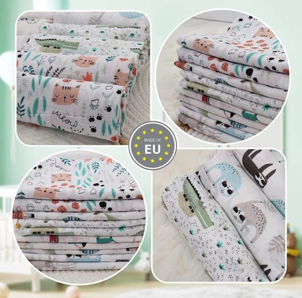 Baby Mulltücher; Mullwindeln; Spucktücher; fensilo; mulltücher baby; mulltücher baby mädchen; spucktücher baby; spucktücher baby mädchen; spucktuch junge; Fensilo baby; Fensilo baby blanket; blanket; baby blanket; newborn; object; knitted; top view; Fensilo.com; white blanket; white; background; beautiful; indoors; sheet; cover; fabric; wash; cushion; bed; polyester; satin; protection; swaddle blanket; comfortable; cotton; hypoallergenic; cute; design; washable; warm; comfy; care; soft; bedroom; set; size; crib; baby crib; outdoor; playground; vacation; park; sleep; colorful; breathable; layers; 2 layers; premium; materials; premium materials; high-quality; quality; unisex; 10 set blankets; jungle animals; forest animals; crocodile; whale; cat