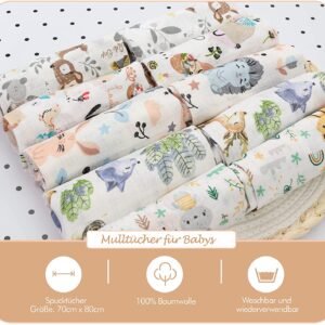 Baby Mulltücher; Mullwindeln; Spucktücher; fensilo; mulltücher baby; mulltücher baby mädchen; spucktücher baby; spucktücher baby mädchen; spucktuch junge; Fensilo baby; Fensilo baby blanket; blanket; baby blanket; newborn; object; knitted; top view; Fensilo.com; white blanket; white; background; beautiful; indoors; sheet; cover; fabric; wash; cushion; bed; polyester; satin; protection; swaddle blanket; comfortable; cotton; hypoallergenic; cute; design; washable; warm; comfy; care; soft; bedroom; set; size; crib; baby crib; outdoor; playground; vacation; park; sleep; colorful; breathable; layers; 2 layers; premium; materials; premium materials; high-quality; quality; unisex; 10 set blankets; forest animals; porcupine; rabbit; fox; wolf