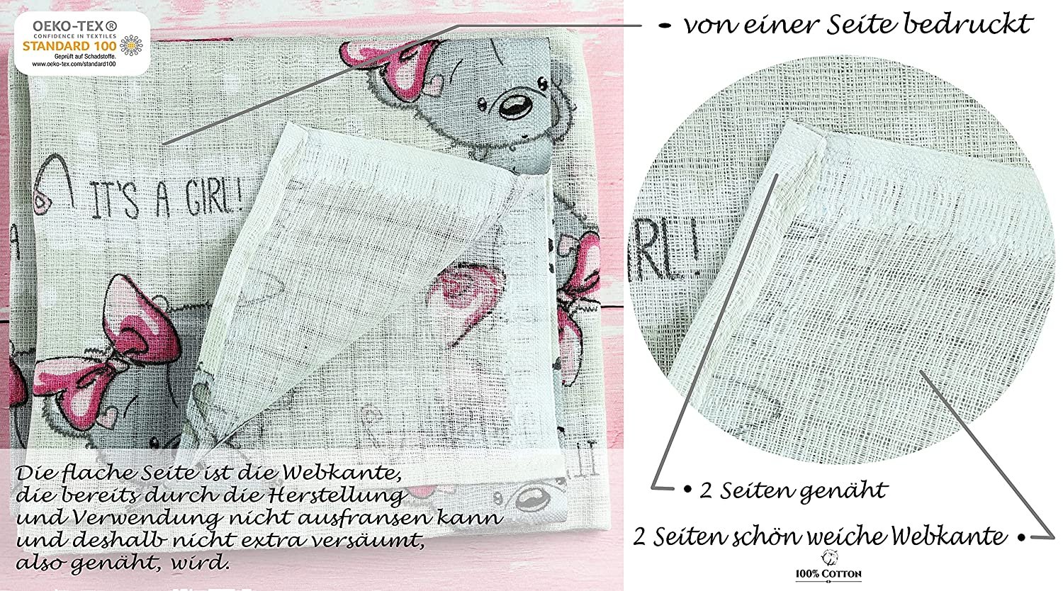 Mulltücher – Mullwindeln – 10er Pack 70×80 cm – Stoffwindeln, MADE IN EU, schadstoffgeprüft – Spucktücher Set für Mädchen  Baby Mullwindeln- Rosa – OEKO-TEX zertifiziert