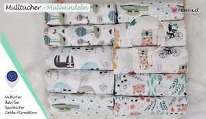 Baby Mulltücher; Mullwindeln; Spucktücher; fensilo; mulltücher baby; mulltücher baby mädchen; spucktücher baby; spucktücher baby mädchen; spucktuch junge; Fensilo baby; Fensilo baby blanket; blanket; baby blanket; newborn; object; knitted; top view; Fensilo.com; white blanket; white; background; beautiful; indoors; sheet; cover; fabric; wash; cushion; bed; polyester; satin; protection; swaddle blanket; comfortable; cotton; hypoallergenic; cute; design; washable; warm; comfy; care; soft; bedroom; set; size; crib; baby crib; outdoor; playground; vacation; park; sleep; colorful; breathable; layers; 2 layers; premium; materials; premium materials; high-quality; quality; unisex; 10 set blankets; jungle animals; forest animals; crocodile; whale; cat