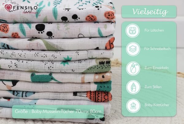 Baby Mulltücher; Mullwindeln; Spucktücher; fensilo; mulltücher baby; mulltücher baby mädchen; spucktücher baby; spucktücher baby mädchen; spucktuch junge; Fensilo baby; Fensilo baby blanket; blanket; baby blanket; newborn; object; knitted; top view; Fensilo.com; white blanket; white; background; beautiful; indoors; sheet; cover; fabric; wash; cushion; bed; polyester; satin; protection; swaddle blanket; comfortable; cotton; hypoallergenic; cute; design; washable; warm; comfy; care; soft; bedroom; set; size; crib; baby crib; outdoor; playground; vacation; park; sleep; colorful; breathable; layers; 2 layers; premium; materials; premium materials; high-quality; quality; unisex; 10 set blankets; jungle animals; forest animals; crocodile; whale; cat