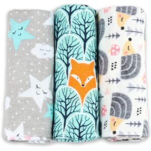 Fensilo, unisex, baby, love, babydecke, weiß, girl, boy, Baumwolle, Decke, 80cmx80cm, 3 pack, mint, weiß, grau, animal design; adorable animals; forest animals, fox, porcupine, sterne, wolken