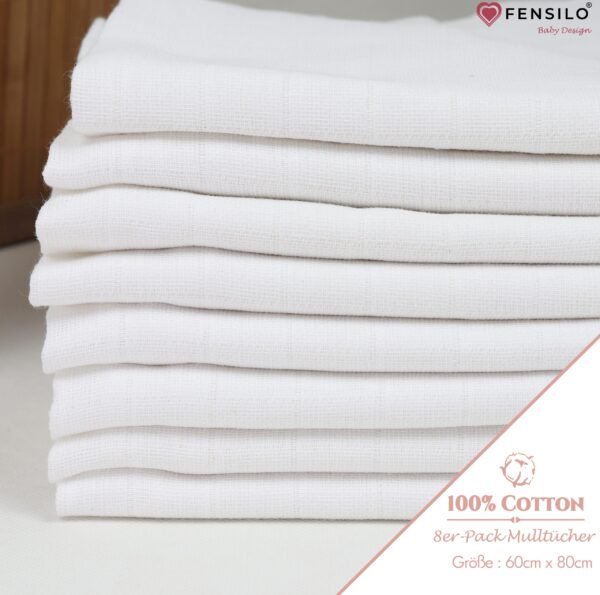 Baby Mulltücher; Mullwindeln; Spucktücher; fensilo; mulltücher baby; mulltücher baby mädchen; spucktücher baby; spucktücher baby mädchen; spucktuch junge; Fensilo baby; Fensilo baby blanket; blanket; baby blanket; newborn; object; knitted; top view; Fensilo.com; white blanket; white; background; beautiful; indoors; sheet; cover; fabric; wash; cushion; bed; polyester; satin; protection; swaddle blanket; comfortable; cotton; hypoallergenic; cute; design; washable; warm; comfy; care; soft; bedroom; set; size; crib; baby crib; outdoor; playground; vacation; park; sleep; colorful; breathable; layers; 2 layers; premium; materials; premium materials; high-quality; quality; unisex; 8 set blankets; white cloth; pack; pack of 8;