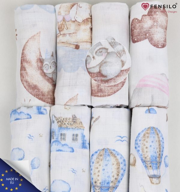 Baby Mulltücher; Mullwindeln; Spucktücher; fensilo; mulltücher baby; mulltücher baby mädchen; spucktücher baby; spucktücher baby mädchen; spucktuch junge; Fensilo baby; Fensilo baby blanket; blanket; baby blanket; newborn; object; knitted; top view; Fensilo.com; white blanket; white; background; beautiful; indoors; sheet; cover; fabric; wash; cushion; bed; polyester; satin; protection; swaddle blanket; comfortable; cotton; hypoallergenic; cute; design; washable; warm; comfy; care; soft; bedroom; set; size; crib; baby crib; outdoor; playground; vacation; park; sleep; colorful; breathable; layers; 2 layers; premium; materials; premium materials; high-quality; quality; unisex; 8 set blankets; white cloth; racoon; blue clouds; house; giraffe; elephant; mountains; air balloon; adorable animals; cute animals; jungle animals;