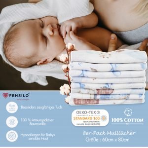 Baby Mulltücher; Mullwindeln; Spucktücher; fensilo; mulltücher baby; mulltücher baby mädchen; spucktücher baby; spucktücher baby mädchen; spucktuch junge; Fensilo baby; Fensilo baby blanket; blanket; baby blanket; newborn; object; knitted; top view; Fensilo.com; white blanket; white; background; beautiful; indoors; sheet; cover; fabric; wash; cushion; bed; polyester; satin; protection; swaddle blanket; comfortable; cotton; hypoallergenic; cute; design; washable; warm; comfy; care; soft; bedroom; set; size; crib; baby crib; outdoor; playground; vacation; park; sleep; colorful; breathable; layers; 2 layers; premium; materials; premium materials; high-quality; quality; unisex; 8 set blankets; white cloth; racoon; blue clouds; house; giraffe; elephant; mountains; air balloon; adorable animals; cute animals; jungle animals;