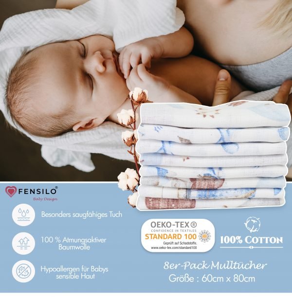 Baby Mulltücher; Mullwindeln; Spucktücher; fensilo; mulltücher baby; mulltücher baby mädchen; spucktücher baby; spucktücher baby mädchen; spucktuch junge; Fensilo baby; Fensilo baby blanket; blanket; baby blanket; newborn; object; knitted; top view; Fensilo.com; white blanket; white; background; beautiful; indoors; sheet; cover; fabric; wash; cushion; bed; polyester; satin; protection; swaddle blanket; comfortable; cotton; hypoallergenic; cute; design; washable; warm; comfy; care; soft; bedroom; set; size; crib; baby crib; outdoor; playground; vacation; park; sleep; colorful; breathable; layers; 2 layers; premium; materials; premium materials; high-quality; quality; unisex; 8 set blankets; white cloth; racoon; blue clouds; house; giraffe; elephant; mountains; air balloon; adorable animals; cute animals; jungle animals;