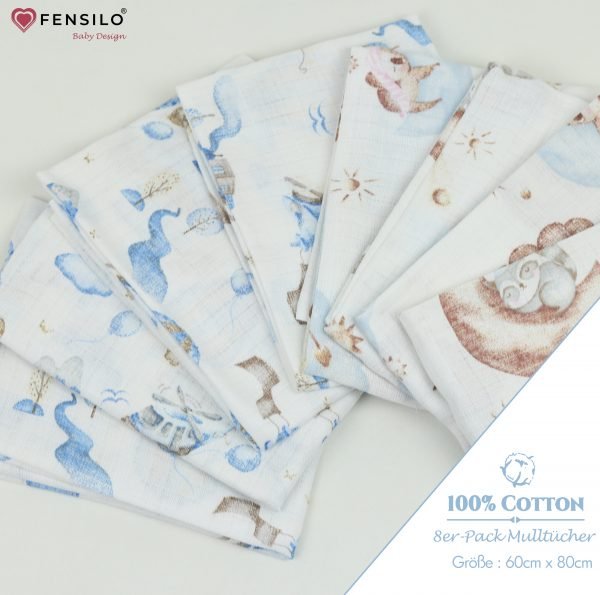Baby Mulltücher; Mullwindeln; Spucktücher; fensilo; mulltücher baby; mulltücher baby mädchen; spucktücher baby; spucktücher baby mädchen; spucktuch junge; Fensilo baby; Fensilo baby blanket; blanket; baby blanket; newborn; object; knitted; top view; Fensilo.com; white blanket; white; background; beautiful; indoors; sheet; cover; fabric; wash; cushion; bed; polyester; satin; protection; swaddle blanket; comfortable; cotton; hypoallergenic; cute; design; washable; warm; comfy; care; soft; bedroom; set; size; crib; baby crib; outdoor; playground; vacation; park; sleep; colorful; breathable; layers; 2 layers; premium; materials; premium materials; high-quality; quality; unisex; 8 set blankets; white cloth; racoon; blue clouds; house; giraffe; elephant; mountains; air balloon; adorable animals; cute animals; jungle animals;