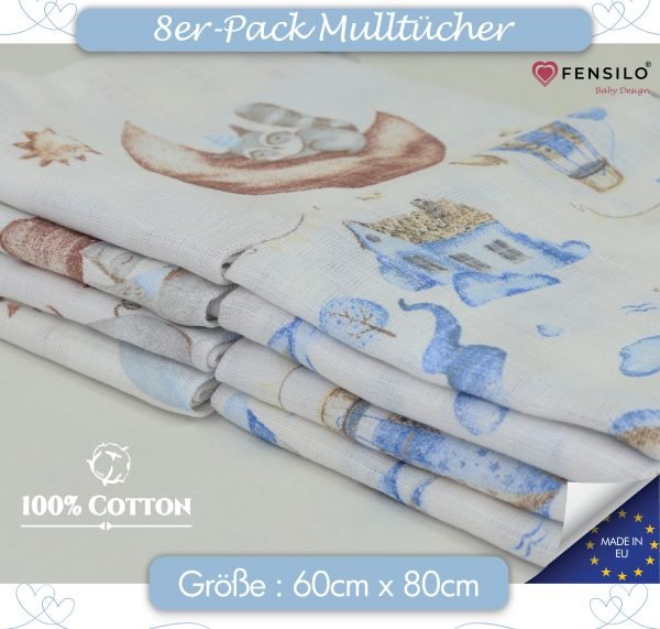 Baby Mulltücher; Mullwindeln; Spucktücher; fensilo; mulltücher baby; mulltücher baby mädchen; spucktücher baby; spucktücher baby mädchen; spucktuch junge; Fensilo baby; Fensilo baby blanket; blanket; baby blanket; newborn; object; knitted; top view; Fensilo.com; white blanket; white; background; beautiful; indoors; sheet; cover; fabric; wash; cushion; bed; polyester; satin; protection; swaddle blanket; comfortable; cotton; hypoallergenic; cute; design; washable; warm; comfy; care; soft; bedroom; set; size; crib; baby crib; outdoor; playground; vacation; park; sleep; colorful; breathable; layers; 2 layers; premium; materials; premium materials; high-quality; quality; unisex; 8 set blankets; white cloth; racoon; blue clouds; house; giraffe; elephant; mountains; air balloon; adorable animals; cute animals; jungle animals;