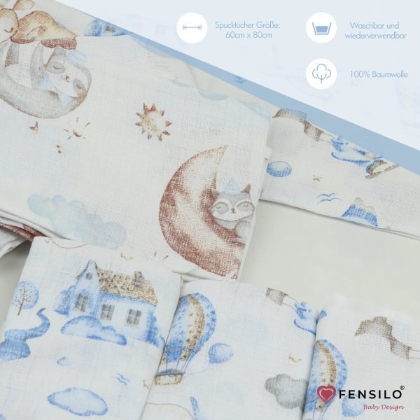 Baby Mulltücher; Mullwindeln; Spucktücher; fensilo; mulltücher baby; mulltücher baby mädchen; spucktücher baby; spucktücher baby mädchen; spucktuch junge; Fensilo baby; Fensilo baby blanket; blanket; baby blanket; newborn; object; knitted; top view; Fensilo.com; white blanket; white; background; beautiful; indoors; sheet; cover; fabric; wash; cushion; bed; polyester; satin; protection; swaddle blanket; comfortable; cotton; hypoallergenic; cute; design; washable; warm; comfy; care; soft; bedroom; set; size; crib; baby crib; outdoor; playground; vacation; park; sleep; colorful; breathable; layers; 2 layers; premium; materials; premium materials; high-quality; quality; unisex; 8 set blankets; white cloth; racoon; blue clouds; house; giraffe; elephant; mountains; air balloon; adorable animals; cute animals; jungle animals;
