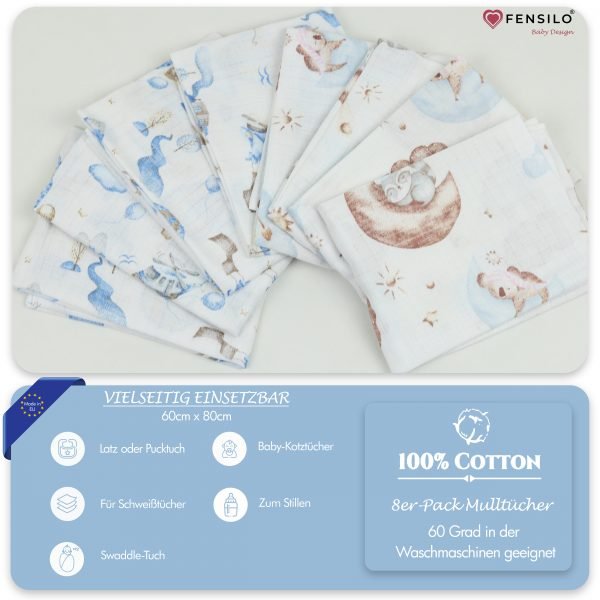 Baby Mulltücher; Mullwindeln; Spucktücher; fensilo; mulltücher baby; mulltücher baby mädchen; spucktücher baby; spucktücher baby mädchen; spucktuch junge; Fensilo baby; Fensilo baby blanket; blanket; baby blanket; newborn; object; knitted; top view; Fensilo.com; white blanket; white; background; beautiful; indoors; sheet; cover; fabric; wash; cushion; bed; polyester; satin; protection; swaddle blanket; comfortable; cotton; hypoallergenic; cute; design; washable; warm; comfy; care; soft; bedroom; set; size; crib; baby crib; outdoor; playground; vacation; park; sleep; colorful; breathable; layers; 2 layers; premium; materials; premium materials; high-quality; quality; unisex; 8 set blankets; white cloth; racoon; blue clouds; house; giraffe; elephant; mountains; air balloon; adorable animals; cute animals; jungle animals;