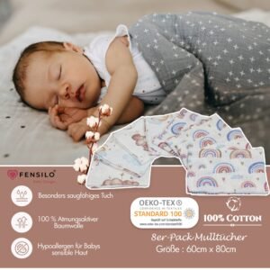 Baby Mulltücher; Mullwindeln; Spucktücher; fensilo; mulltücher baby; mulltücher baby mädchen; spucktücher baby; spucktücher baby mädchen; spucktuch junge; Fensilo baby; Fensilo baby blanket; blanket; baby blanket; newborn; object; knitted; top view; Fensilo.com; white blanket; white; background; beautiful; indoors; sheet; cover; fabric; wash; cushion; bed; polyester; satin; protection; swaddle blanket; comfortable; cotton; hypoallergenic; cute; design; washable; warm; comfy; care; soft; bedroom; set; size; crib; baby crib; outdoor; playground; vacation; park; sleep; colorful; breathable; layers; 2 layers; premium; materials; premium materials; high-quality; quality; unisex; 8 set blankets; white cloth; pack; pack of 8; rainbow; giraffe; cloud; cute animals; jungle animals; colorful rainbow;