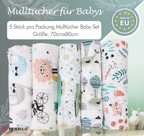 Baby Mulltücher; Mullwindeln; Spucktücher; fensilo; mulltücher baby; mulltücher baby mädchen; spucktücher baby; spucktücher baby mädchen; spucktuch junge; Fensilo baby; Fensilo baby blanket; blanket; baby blanket; newborn; object; knitted; top view; Fensilo.com; white blanket; white; background; beautiful; indoors; sheet; cover; fabric; wash; cushion; bed; polyester; satin; protection; swaddle blanket; comfortable; cotton; hypoallergenic; cute; design; washable; warm; comfy; care; soft; bedroom; set; size; crib; baby crib; outdoor; playground; vacation; park; sleep; colorful; breathable; layers; 2 layers; premium; materials; premium materials; high-quality; quality; unisex; 5 set blankets; animals; cat,whale,dog,crocodile,adorable animals; leaves; paws; flowers;