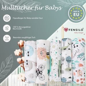Baby Mulltücher; Mullwindeln; Spucktücher; fensilo; mulltücher baby; mulltücher baby mädchen; spucktücher baby; spucktücher baby mädchen; spucktuch junge; Fensilo baby; Fensilo baby blanket; blanket; baby blanket; newborn; object; knitted; top view; Fensilo.com; white blanket; white; background; beautiful; indoors; sheet; cover; fabric; wash; cushion; bed; polyester; satin; protection; swaddle blanket; comfortable; cotton; hypoallergenic; cute; design; washable; warm; comfy; care; soft; bedroom; set; size; crib; baby crib; outdoor; playground; vacation; park; sleep; colorful; breathable; layers; 2 layers; premium; materials; premium materials; high-quality; quality; unisex; 5 set blankets; animals; cat,whale,dog,crocodile,adorable animals; leaves; paws; flowers;