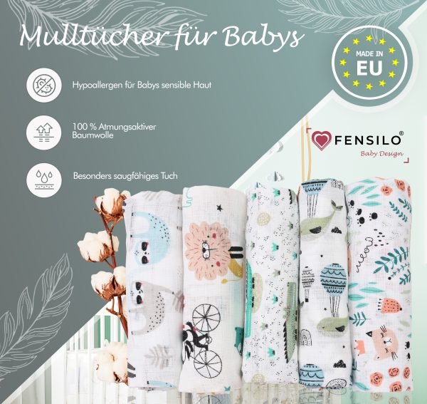 Baby Mulltücher; Mullwindeln; Spucktücher; fensilo; mulltücher baby; mulltücher baby mädchen; spucktücher baby; spucktücher baby mädchen; spucktuch junge; Fensilo baby; Fensilo baby blanket; blanket; baby blanket; newborn; object; knitted; top view; Fensilo.com; white blanket; white; background; beautiful; indoors; sheet; cover; fabric; wash; cushion; bed; polyester; satin; protection; swaddle blanket; comfortable; cotton; hypoallergenic; cute; design; washable; warm; comfy; care; soft; bedroom; set; size; crib; baby crib; outdoor; playground; vacation; park; sleep; colorful; breathable; layers; 2 layers; premium; materials; premium materials; high-quality; quality; unisex; 5 set blankets; animals; cat,whale,dog,crocodile,adorable animals; leaves; paws; flowers;