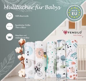 Baby Mulltücher; Mullwindeln; Spucktücher; fensilo; mulltücher baby; mulltücher baby mädchen; spucktücher baby; spucktücher baby mädchen; spucktuch junge; Fensilo baby; Fensilo baby blanket; blanket; baby blanket; newborn; object; knitted; top view; Fensilo.com; white blanket; white; background; beautiful; indoors; sheet; cover; fabric; wash; cushion; bed; polyester; satin; protection; swaddle blanket; comfortable; cotton; hypoallergenic; cute; design; washable; warm; comfy; care; soft; bedroom; set; size; crib; baby crib; outdoor; playground; vacation; park; sleep; colorful; breathable; layers; 2 layers; premium; materials; premium materials; high-quality; quality; unisex; 5 set blankets; animals; cat,whale,dog,crocodile,adorable animals; leaves; paws; flowers;