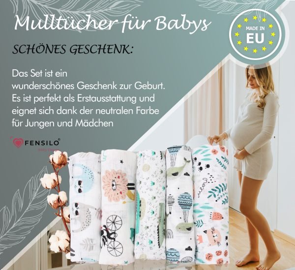 Baby Mulltücher; Mullwindeln; Spucktücher; fensilo; mulltücher baby; mulltücher baby mädchen; spucktücher baby; spucktücher baby mädchen; spucktuch junge; Fensilo baby; Fensilo baby blanket; blanket; baby blanket; newborn; object; knitted; top view; Fensilo.com; white blanket; white; background; beautiful; indoors; sheet; cover; fabric; wash; cushion; bed; polyester; satin; protection; swaddle blanket; comfortable; cotton; hypoallergenic; cute; design; washable; warm; comfy; care; soft; bedroom; set; size; crib; baby crib; outdoor; playground; vacation; park; sleep; colorful; breathable; layers; 2 layers; premium; materials; premium materials; high-quality; quality; unisex; 5 set blankets; animals; cat,whale,dog,crocodile,adorable animals; leaves; paws; flowers;
