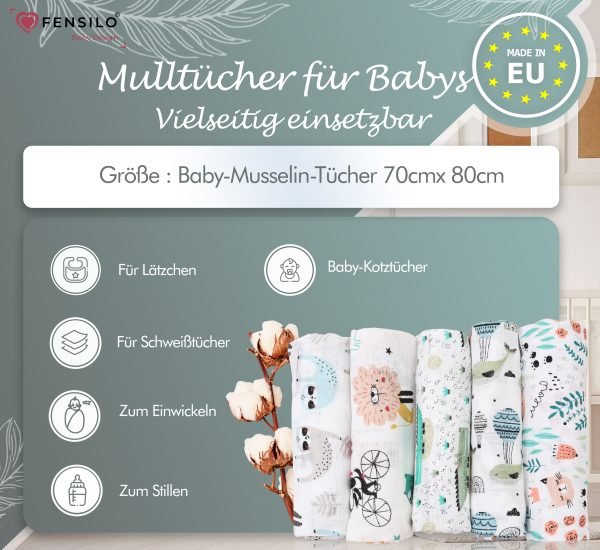 Baby Mulltücher; Mullwindeln; Spucktücher; fensilo; mulltücher baby; mulltücher baby mädchen; spucktücher baby; spucktücher baby mädchen; spucktuch junge; Fensilo baby; Fensilo baby blanket; blanket; baby blanket; newborn; object; knitted; top view; Fensilo.com; white blanket; white; background; beautiful; indoors; sheet; cover; fabric; wash; cushion; bed; polyester; satin; protection; swaddle blanket; comfortable; cotton; hypoallergenic; cute; design; washable; warm; comfy; care; soft; bedroom; set; size; crib; baby crib; outdoor; playground; vacation; park; sleep; colorful; breathable; layers; 2 layers; premium; materials; premium materials; high-quality; quality; unisex; 5 set blankets; animals; cat,whale,dog,crocodile,adorable animals; leaves; paws; flowers;