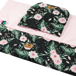 FENSILO - Baby Bettdecke und Kissen - Zweiseitige Steppdecke – Kuscheldecke - Schlafdecke für Neugeborene – Babybett, Kinderwagen oder auf Reisen - 100 x 75cm,Schwarz und rosa Decke mit Blumen