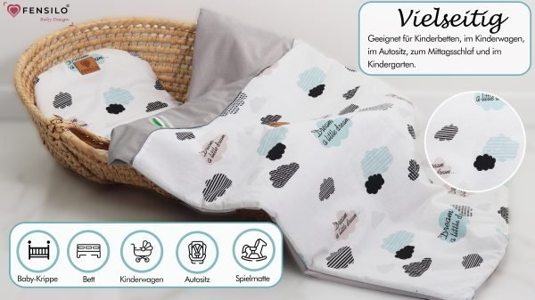 Baby Mulltücher; Mullwindeln; Spucktücher; fensilo; mulltücher baby; mulltücher baby mädchen; spucktücher baby; spucktücher baby mädchen; spucktuch junge; Fensilo baby; Fensilo baby blanket; blanket; baby blanket; newborn; object; knitted; top view; Fensilo.com; beautiful; indoors; sheet; female; male; cover; fabric; wash; cushion; bed; polyester; satin; feminine; protection; white; swaddle blanket; pillow; white pillow; comfortable; cotton; hypoallergenic; cute; design; washable; girl; boy; baby boy; baby girl; warm; comfy; care; soft; bedroom; set; size; baby pillow; adorable blanket; white background; clouds; colorful clouds; Dream a little dream; black clouds; blue clouds; grey clouds; gray baby blanket; gray blanket;