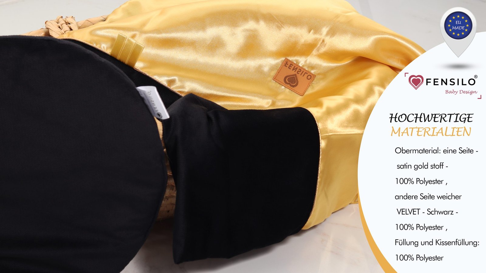 FENSILO – Baby Bettdecke und Kissen – Zweiseitige Steppdecke  Kuscheldecke – Schlafdecke für Neugeborene  Babybett, Kinderwagen oder auf Reisen – 100 x 75cm,Schwarz und Gold Farbe Decke
