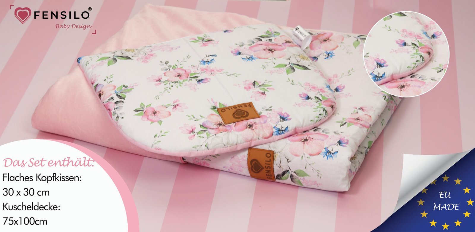 FENSILO – Baby Bettdecke und Kissen – Zweiseitige Steppdecke  Kuscheldecke – Schlafdecke für Neugeborene  Babybett, Kinderwagen oder auf Reisen – 100 x 75cm, rosa und weiße Decke mit Blumen