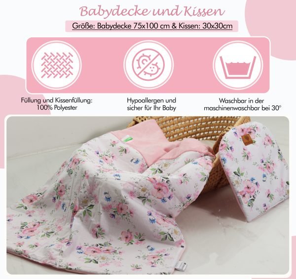 Baby Mulltücher; Mullwindeln; Spucktücher; fensilo; mulltücher baby; mulltücher baby mädchen; spucktücher baby; spucktücher baby mädchen; spucktuch junge; Fensilo baby; Fensilo baby blanket; blanket; baby blanket; newborn; object; knitted; top view; Fensilo.com; beautiful; indoors; sheet; female; cover; fabric; wash; cushion; bed; polyester; satin; feminine; protection; white; swaddle blanket; pillow; white pillow; comfortable; cotton; hypoallergenic; cute; design; washable; girl; baby girl; warm; comfy; care; soft; bedroom; set; size; baby pillow; adorable blanket; white background; pink; pink flower; pink blanket; white and pink; leaves; green leaves;