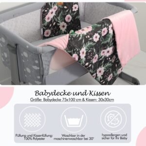 FENSILO - Baby Bettdecke und Kissen - Zweiseitige Steppdecke – Kuscheldecke - Schlafdecke für Neugeborene – Babybett, Kinderwagen oder auf Reisen - 100 x 75cm,Schwarz und rosa Decke mit Blumen