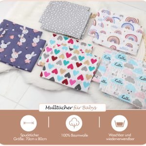 Baby Mulltücher; Mullwindeln; Spucktücher; fensilo; mulltücher baby; mulltücher baby mädchen; spucktücher baby; spucktücher baby mädchen; spucktuch junge; Fensilo baby; Fensilo baby blanket; blanket; baby blanket; newborn; object; knitted; top view; Fensilo.com; white blanket; white; background; beautiful; indoors; sheet; cover; fabric; wash; cushion; bed; polyester; satin; protection; swaddle blanket; comfortable; cotton; hypoallergenic; cute; design; washable; warm; comfy; care; soft; bedroom; set; size; crib; baby crib; outdoor; playground; vacation; park; sleep; colorful; breathable; layers; 2 layers; premium; materials; premium materials; high-quality; quality; unisex; 10 set blankets; animals; adorable animals; forest animals; cute animals; smilling animals; rabbit; rainbow; heart; stars; clouds; cute bunny; colorful hearts; white starts; colorful clouds;