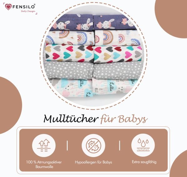 Baby Mulltücher; Mullwindeln; Spucktücher; fensilo; mulltücher baby; mulltücher baby mädchen; spucktücher baby; spucktücher baby mädchen; spucktuch junge; Fensilo baby; Fensilo baby blanket; blanket; baby blanket; newborn; object; knitted; top view; Fensilo.com; white blanket; white; background; beautiful; indoors; sheet; cover; fabric; wash; cushion; bed; polyester; satin; protection; swaddle blanket; comfortable; cotton; hypoallergenic; cute; design; washable; warm; comfy; care; soft; bedroom; set; size; crib; baby crib; outdoor; playground; vacation; park; sleep; colorful; breathable; layers; 2 layers; premium; materials; premium materials; high-quality; quality; unisex; 10 set blankets; animals; adorable animals; forest animals; cute animals; smilling animals; rabbit; rainbow; heart; stars; clouds; cute bunny; colorful hearts; white starts; colorful clouds;
