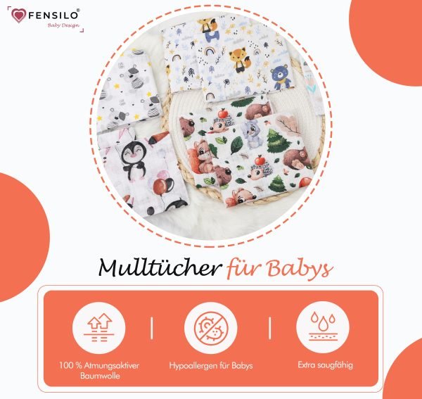 Baby Mulltücher; Mullwindeln; Spucktücher; fensilo; mulltücher baby; mulltücher baby mädchen; spucktücher baby; spucktücher baby mädchen; spucktuch junge; Fensilo baby; Fensilo baby blanket; blanket; baby blanket; newborn; object; knitted; top view; Fensilo.com; white blanket; white; background; beautiful; indoors; sheet; cover; fabric; wash; cushion; bed; polyester; satin; protection; swaddle blanket; comfortable; cotton; hypoallergenic; cute; design; washable; warm; comfy; care; soft; bedroom; set; size; crib; baby crib; outdoor; playground; vacation; park; sleep; colorful; breathable; layers; 2 layers; premium; materials; premium materials; high-quality; quality; unisex; 10 set blankets; animals; adorable animals; forest animals; cute animals; smilling animals; antartic animlas; snow; cold; bear; penguin; squirrel; rabbit; rox; tree; apple; rainbow; leaves; ballon; black; brown; flowers;