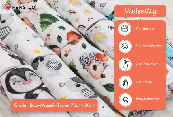 Baby Mulltücher; Mullwindeln; Spucktücher; fensilo; mulltücher baby; mulltücher baby mädchen; spucktücher baby; spucktücher baby mädchen; spucktuch junge; Fensilo baby; Fensilo baby blanket; blanket; baby blanket; newborn; object; knitted; top view; Fensilo.com; white blanket; white; background; beautiful; indoors; sheet; cover; fabric; wash; cushion; bed; polyester; satin; protection; swaddle blanket; comfortable; cotton; hypoallergenic; cute; design; washable; warm; comfy; care; soft; bedroom; set; size; crib; baby crib; outdoor; playground; vacation; park; sleep; colorful; breathable; layers; 2 layers; premium; materials; premium materials; high-quality; quality; unisex; 10 set blankets; animals; adorable animals; forest animals; cute animals; smilling animals; antartic animlas; snow; cold; bear; penguin; squirrel; rabbit; rox; tree; apple; rainbow; leaves; ballon; black; brown; flowers;