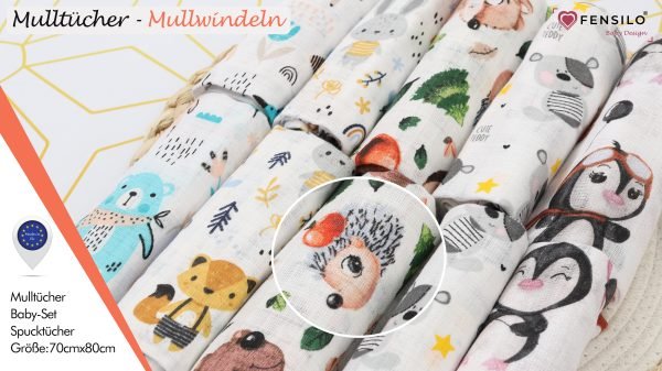 Baby Mulltücher; Mullwindeln; Spucktücher; fensilo; mulltücher baby; mulltücher baby mädchen; spucktücher baby; spucktücher baby mädchen; spucktuch junge; Fensilo baby; Fensilo baby blanket; blanket; baby blanket; newborn; object; knitted; top view; Fensilo.com; white blanket; white; background; beautiful; indoors; sheet; cover; fabric; wash; cushion; bed; polyester; satin; protection; swaddle blanket; comfortable; cotton; hypoallergenic; cute; design; washable; warm; comfy; care; soft; bedroom; set; size; crib; baby crib; outdoor; playground; vacation; park; sleep; colorful; breathable; layers; 2 layers; premium; materials; premium materials; high-quality; quality; unisex; 10 set blankets; animals; adorable animals; forest animals; cute animals; smilling animals; antartic animlas; snow; cold; bear; penguin; squirrel; rabbit; rox; tree; apple; rainbow; leaves; ballon; black; brown; flowers;