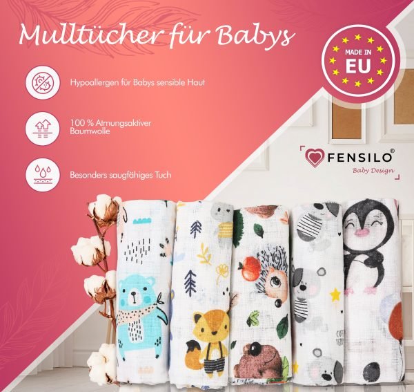 Baby Mulltücher; Mullwindeln; Spucktücher; fensilo; mulltücher baby; mulltücher baby mädchen; spucktücher baby; spucktücher baby mädchen; spucktuch junge; Fensilo baby; Fensilo baby blanket; blanket; baby blanket; newborn; object; knitted; top view; Fensilo.com; white blanket; white; background; beautiful; indoors; sheet; cover; fabric; wash; cushion; bed; polyester; satin; protection; swaddle blanket; comfortable; cotton; hypoallergenic; cute; design; washable; warm; comfy; care; soft; bedroom; set; size; crib; baby crib; outdoor; playground; vacation; park; sleep; colorful; breathable; layers; 2 layers; premium; materials; premium materials; high-quality; quality; unisex; 5 set blankets; animals; adorable animals; forest animals; cute animals; smilling animals; antartic animlas; snow; cold; bear; penguin; squirrel; rabbit; rox; tree; apple; rainbow; leaves; ballon; black; brown; flowers;