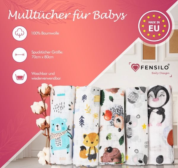 Baby Mulltücher; Mullwindeln; Spucktücher; fensilo; mulltücher baby; mulltücher baby mädchen; spucktücher baby; spucktücher baby mädchen; spucktuch junge; Fensilo baby; Fensilo baby blanket; blanket; baby blanket; newborn; object; knitted; top view; Fensilo.com; white blanket; white; background; beautiful; indoors; sheet; cover; fabric; wash; cushion; bed; polyester; satin; protection; swaddle blanket; comfortable; cotton; hypoallergenic; cute; design; washable; warm; comfy; care; soft; bedroom; set; size; crib; baby crib; outdoor; playground; vacation; park; sleep; colorful; breathable; layers; 2 layers; premium; materials; premium materials; high-quality; quality; unisex; 5 set blankets; animals; adorable animals; forest animals; cute animals; smilling animals; antartic animlas; snow; cold; bear; penguin; squirrel; rabbit; rox; tree; apple; rainbow; leaves; ballon; black; brown; flowers;
