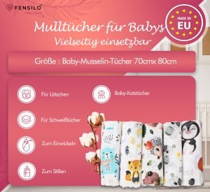 Baby Mulltücher; Mullwindeln; Spucktücher; fensilo; mulltücher baby; mulltücher baby mädchen; spucktücher baby; spucktücher baby mädchen; spucktuch junge; Fensilo baby; Fensilo baby blanket; blanket; baby blanket; newborn; object; knitted; top view; Fensilo.com; white blanket; white; background; beautiful; indoors; sheet; cover; fabric; wash; cushion; bed; polyester; satin; protection; swaddle blanket; comfortable; cotton; hypoallergenic; cute; design; washable; warm; comfy; care; soft; bedroom; set; size; crib; baby crib; outdoor; playground; vacation; park; sleep; colorful; breathable; layers; 2 layers; premium; materials; premium materials; high-quality; quality; unisex; 5 set blankets; animals; adorable animals; forest animals; cute animals; smilling animals; antartic animlas; snow; cold; bear; penguin; squirrel; rabbit; rox; tree; apple; rainbow; leaves; ballon; black; brown; flowers;