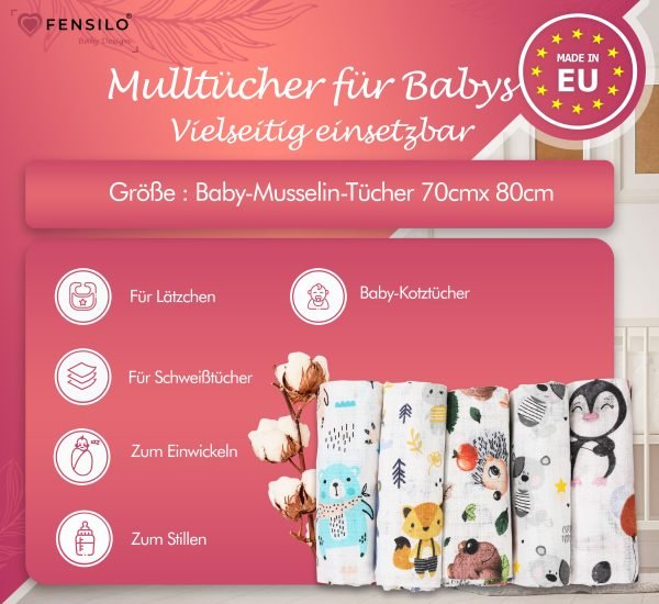 Baby Mulltücher; Mullwindeln; Spucktücher; fensilo; mulltücher baby; mulltücher baby mädchen; spucktücher baby; spucktücher baby mädchen; spucktuch junge; Fensilo baby; Fensilo baby blanket; blanket; baby blanket; newborn; object; knitted; top view; Fensilo.com; white blanket; white; background; beautiful; indoors; sheet; cover; fabric; wash; cushion; bed; polyester; satin; protection; swaddle blanket; comfortable; cotton; hypoallergenic; cute; design; washable; warm; comfy; care; soft; bedroom; set; size; crib; baby crib; outdoor; playground; vacation; park; sleep; colorful; breathable; layers; 2 layers; premium; materials; premium materials; high-quality; quality; unisex; 5 set blankets; animals; adorable animals; forest animals; cute animals; smilling animals; antartic animlas; snow; cold; bear; penguin; squirrel; rabbit; rox; tree; apple; rainbow; leaves; ballon; black; brown; flowers;