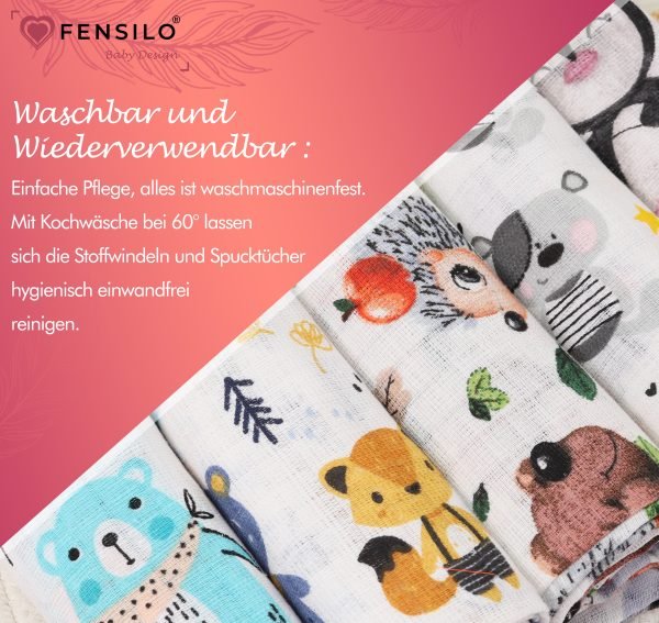 Baby Mulltücher; Mullwindeln; Spucktücher; fensilo; mulltücher baby; mulltücher baby mädchen; spucktücher baby; spucktücher baby mädchen; spucktuch junge; Fensilo baby; Fensilo baby blanket; blanket; baby blanket; newborn; object; knitted; top view; Fensilo.com; white blanket; white; background; beautiful; indoors; sheet; cover; fabric; wash; cushion; bed; polyester; satin; protection; swaddle blanket; comfortable; cotton; hypoallergenic; cute; design; washable; warm; comfy; care; soft; bedroom; set; size; crib; baby crib; outdoor; playground; vacation; park; sleep; colorful; breathable; layers; 2 layers; premium; materials; premium materials; high-quality; quality; unisex; 5 set blankets; animals; adorable animals; forest animals; cute animals; smilling animals; antartic animlas; snow; cold; bear; penguin; squirrel; rabbit; rox; tree; apple; rainbow; leaves; ballon; black; brown; flowers;