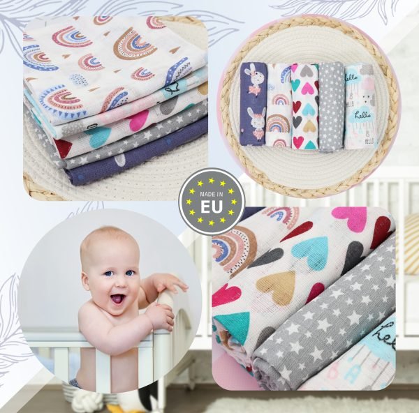 Baby Mulltücher; Mullwindeln; Spucktücher; fensilo; mulltücher baby; mulltücher baby mädchen; spucktücher baby; spucktücher baby mädchen; spucktuch junge; Fensilo baby; Fensilo baby blanket; blanket; baby blanket; newborn; object; knitted; top view; Fensilo.com; white blanket; white; background; beautiful; indoors; sheet; cover; fabric; wash; cushion; bed; polyester; satin; protection; swaddle blanket; comfortable; cotton; hypoallergenic; cute; design; washable; warm; comfy; care; soft; bedroom; set; size; crib; baby crib; outdoor; playground; vacation; park; sleep; colorful; breathable; layers; 2 layers; premium; materials; premium materials; high-quality; quality; unisex; 5 set blankets; animals; adorable animals; forest animals; cute animals; smilling animals; rabbit; rainbow; heart; stars; clouds; cute bunny; colorful hearts; white starts; colorful clouds;