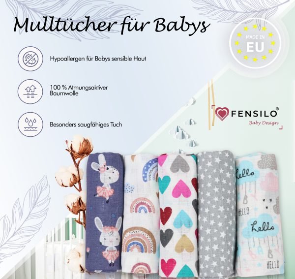 Baby Mulltücher; Mullwindeln; Spucktücher; fensilo; mulltücher baby; mulltücher baby mädchen; spucktücher baby; spucktücher baby mädchen; spucktuch junge; Fensilo baby; Fensilo baby blanket; blanket; baby blanket; newborn; object; knitted; top view; Fensilo.com; white blanket; white; background; beautiful; indoors; sheet; cover; fabric; wash; cushion; bed; polyester; satin; protection; swaddle blanket; comfortable; cotton; hypoallergenic; cute; design; washable; warm; comfy; care; soft; bedroom; set; size; crib; baby crib; outdoor; playground; vacation; park; sleep; colorful; breathable; layers; 2 layers; premium; materials; premium materials; high-quality; quality; unisex; 5 set blankets; animals; adorable animals; forest animals; cute animals; smilling animals; rabbit; rainbow; heart; stars; clouds; cute bunny; colorful hearts; white starts; colorful clouds;