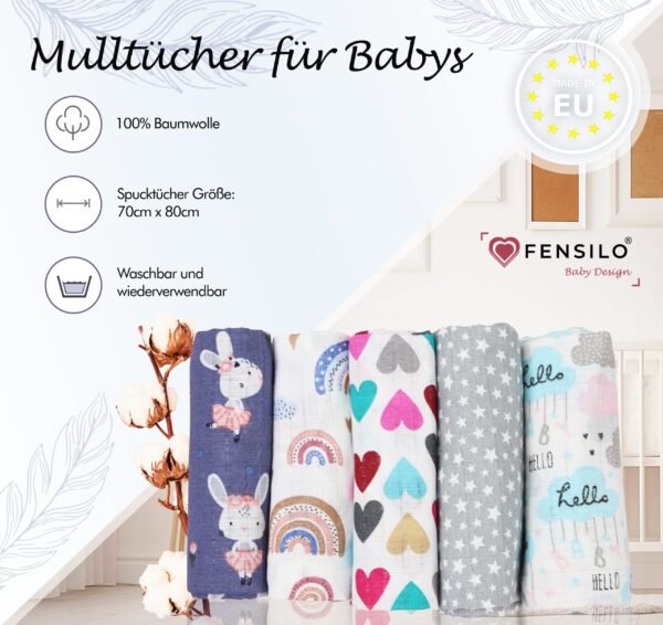 Baby Mulltücher; Mullwindeln; Spucktücher; fensilo; mulltücher baby; mulltücher baby mädchen; spucktücher baby; spucktücher baby mädchen; spucktuch junge; Fensilo baby; Fensilo baby blanket; blanket; baby blanket; newborn; object; knitted; top view; Fensilo.com; white blanket; white; background; beautiful; indoors; sheet; cover; fabric; wash; cushion; bed; polyester; satin; protection; swaddle blanket; comfortable; cotton; hypoallergenic; cute; design; washable; warm; comfy; care; soft; bedroom; set; size; crib; baby crib; outdoor; playground; vacation; park; sleep; colorful; breathable; layers; 2 layers; premium; materials; premium materials; high-quality; quality; unisex; 5 set blankets; animals; adorable animals; forest animals; cute animals; smilling animals; rabbit; rainbow; heart; stars; clouds; cute bunny; colorful hearts; white starts; colorful clouds;