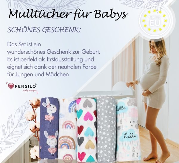 Baby Mulltücher; Mullwindeln; Spucktücher; fensilo; mulltücher baby; mulltücher baby mädchen; spucktücher baby; spucktücher baby mädchen; spucktuch junge; Fensilo baby; Fensilo baby blanket; blanket; baby blanket; newborn; object; knitted; top view; Fensilo.com; white blanket; white; background; beautiful; indoors; sheet; cover; fabric; wash; cushion; bed; polyester; satin; protection; swaddle blanket; comfortable; cotton; hypoallergenic; cute; design; washable; warm; comfy; care; soft; bedroom; set; size; crib; baby crib; outdoor; playground; vacation; park; sleep; colorful; breathable; layers; 2 layers; premium; materials; premium materials; high-quality; quality; unisex; 5 set blankets; animals; adorable animals; forest animals; cute animals; smilling animals; rabbit; rainbow; heart; stars; clouds; cute bunny; colorful hearts; white starts; colorful clouds;