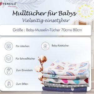 Baby Mulltücher; Mullwindeln; Spucktücher; fensilo; mulltücher baby; mulltücher baby mädchen; spucktücher baby; spucktücher baby mädchen; spucktuch junge; Fensilo baby; Fensilo baby blanket; blanket; baby blanket; newborn; object; knitted; top view; Fensilo.com; white blanket; white; background; beautiful; indoors; sheet; cover; fabric; wash; cushion; bed; polyester; satin; protection; swaddle blanket; comfortable; cotton; hypoallergenic; cute; design; washable; warm; comfy; care; soft; bedroom; set; size; crib; baby crib; outdoor; playground; vacation; park; sleep; colorful; breathable; layers; 2 layers; premium; materials; premium materials; high-quality; quality; unisex; 5 set blankets; animals; adorable animals; forest animals; cute animals; smilling animals; rabbit; rainbow; heart; stars; clouds; cute bunny; colorful hearts; white starts; colorful clouds;