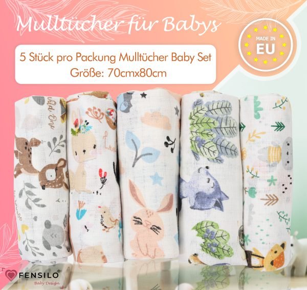 Baby Mulltücher; Mullwindeln; Spucktücher; fensilo; mulltücher baby; mulltücher baby mädchen; spucktücher baby; spucktücher baby mädchen; spucktuch junge; Fensilo baby; Fensilo baby blanket; blanket; baby blanket; newborn; object; knitted; top view; Fensilo.com; white blanket; white; background; beautiful; indoors; sheet; cover; fabric; wash; cushion; bed; polyester; satin; protection; swaddle blanket; comfortable; cotton; hypoallergenic; cute; design; washable; warm; comfy; care; soft; bedroom; set; size; crib; baby crib; outdoor; playground; vacation; park; sleep; colorful; breathable; layers; 2 layers; premium; materials; premium materials; high-quality; quality; unisex; 10 set blankets; animals; fox; rabbit; deer; racoon; rainbow; stars; flowers; adorable animals; forest animals; cute animals; smilling animals;