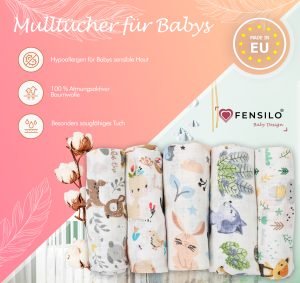 Baby Mulltücher; Mullwindeln; Spucktücher; fensilo; mulltücher baby; mulltücher baby mädchen; spucktücher baby; spucktücher baby mädchen; spucktuch junge; Fensilo baby; Fensilo baby blanket; blanket; baby blanket; newborn; object; knitted; top view; Fensilo.com; white blanket; white; background; beautiful; indoors; sheet; cover; fabric; wash; cushion; bed; polyester; satin; protection; swaddle blanket; comfortable; cotton; hypoallergenic; cute; design; washable; warm; comfy; care; soft; bedroom; set; size; crib; baby crib; outdoor; playground; vacation; park; sleep; colorful; breathable; layers; 2 layers; premium; materials; premium materials; high-quality; quality; unisex; 10 set blankets; animals; fox; rabbit; deer; racoon; rainbow; stars; flowers; adorable animals; forest animals; cute animals; smilling animals;