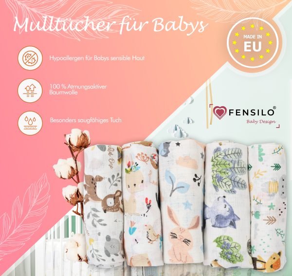 Baby Mulltücher; Mullwindeln; Spucktücher; fensilo; mulltücher baby; mulltücher baby mädchen; spucktücher baby; spucktücher baby mädchen; spucktuch junge; Fensilo baby; Fensilo baby blanket; blanket; baby blanket; newborn; object; knitted; top view; Fensilo.com; white blanket; white; background; beautiful; indoors; sheet; cover; fabric; wash; cushion; bed; polyester; satin; protection; swaddle blanket; comfortable; cotton; hypoallergenic; cute; design; washable; warm; comfy; care; soft; bedroom; set; size; crib; baby crib; outdoor; playground; vacation; park; sleep; colorful; breathable; layers; 2 layers; premium; materials; premium materials; high-quality; quality; unisex; 10 set blankets; animals; fox; rabbit; deer; racoon; rainbow; stars; flowers; adorable animals; forest animals; cute animals; smilling animals;