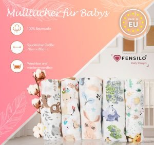 Baby Mulltücher; Mullwindeln; Spucktücher; fensilo; mulltücher baby; mulltücher baby mädchen; spucktücher baby; spucktücher baby mädchen; spucktuch junge; Fensilo baby; Fensilo baby blanket; blanket; baby blanket; newborn; object; knitted; top view; Fensilo.com; white blanket; white; background; beautiful; indoors; sheet; cover; fabric; wash; cushion; bed; polyester; satin; protection; swaddle blanket; comfortable; cotton; hypoallergenic; cute; design; washable; warm; comfy; care; soft; bedroom; set; size; crib; baby crib; outdoor; playground; vacation; park; sleep; colorful; breathable; layers; 2 layers; premium; materials; premium materials; high-quality; quality; unisex; 10 set blankets; animals; fox; rabbit; deer; racoon; rainbow; stars; flowers; adorable animals; forest animals; cute animals; smilling animals;