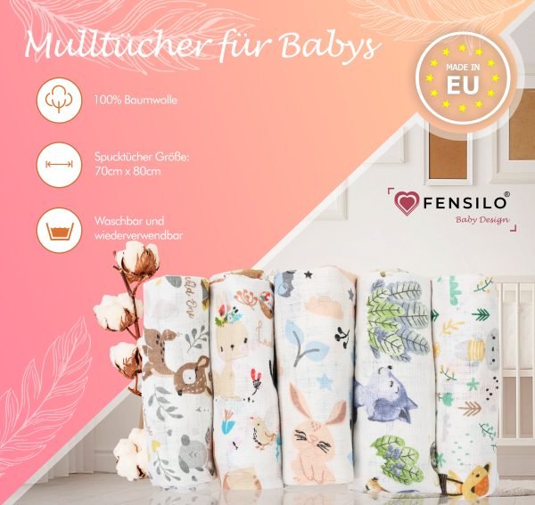 Baby Mulltücher; Mullwindeln; Spucktücher; fensilo; mulltücher baby; mulltücher baby mädchen; spucktücher baby; spucktücher baby mädchen; spucktuch junge; Fensilo baby; Fensilo baby blanket; blanket; baby blanket; newborn; object; knitted; top view; Fensilo.com; white blanket; white; background; beautiful; indoors; sheet; cover; fabric; wash; cushion; bed; polyester; satin; protection; swaddle blanket; comfortable; cotton; hypoallergenic; cute; design; washable; warm; comfy; care; soft; bedroom; set; size; crib; baby crib; outdoor; playground; vacation; park; sleep; colorful; breathable; layers; 2 layers; premium; materials; premium materials; high-quality; quality; unisex; 10 set blankets; animals; fox; rabbit; deer; racoon; rainbow; stars; flowers; adorable animals; forest animals; cute animals; smilling animals;
