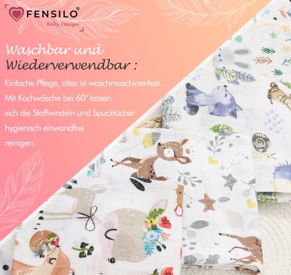 Baby Mulltücher; Mullwindeln; Spucktücher; fensilo; mulltücher baby; mulltücher baby mädchen; spucktücher baby; spucktücher baby mädchen; spucktuch junge; Fensilo baby; Fensilo baby blanket; blanket; baby blanket; newborn; object; knitted; top view; Fensilo.com; white blanket; white; background; beautiful; indoors; sheet; cover; fabric; wash; cushion; bed; polyester; satin; protection; swaddle blanket; comfortable; cotton; hypoallergenic; cute; design; washable; warm; comfy; care; soft; bedroom; set; size; crib; baby crib; outdoor; playground; vacation; park; sleep; colorful; breathable; layers; 2 layers; premium; materials; premium materials; high-quality; quality; unisex; 10 set blankets; animals; fox; rabbit; deer; racoon; rainbow; stars; flowers; adorable animals; forest animals; cute animals; smilling animals;