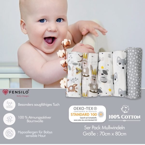 Baby Mulltücher; Mullwindeln; Spucktücher; fensilo; mulltücher baby; ulltücher baby mädchen; pucktücher baby mädchen; spucktuch junge; ensilo baby blanket; blanket; baby blanket; newborn; object; nitted; top view; Fensilo.com; white blanket; white; background; eautiful; indoors; sheet; cover; fabric; wash; cushion; ed; polyester; satin; protection; swaddle blanket; comfortable; otton; hypoallergenic; cute; design; washable; warm; omfy; care; soft; bedroom; set; size; crib; baby crib; outdoor; layground; vacation; park; sleep; colorful; breathable; ayers; 2 layers; premium; materials; premium materials; igh-quality; quality; unisex; 5 set blankets; ray; adorable animals; forest animals; rabbit; deer; indian hut; bear; stars; spucktücher baby; Fensilo baby;